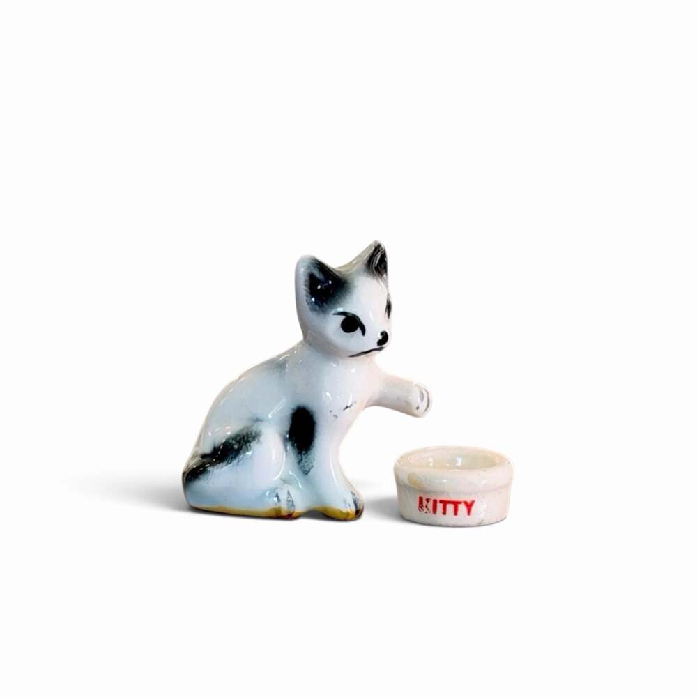 Vintage Miniature Bone China Cat Figurine And Bowl Black White Kitten Japan